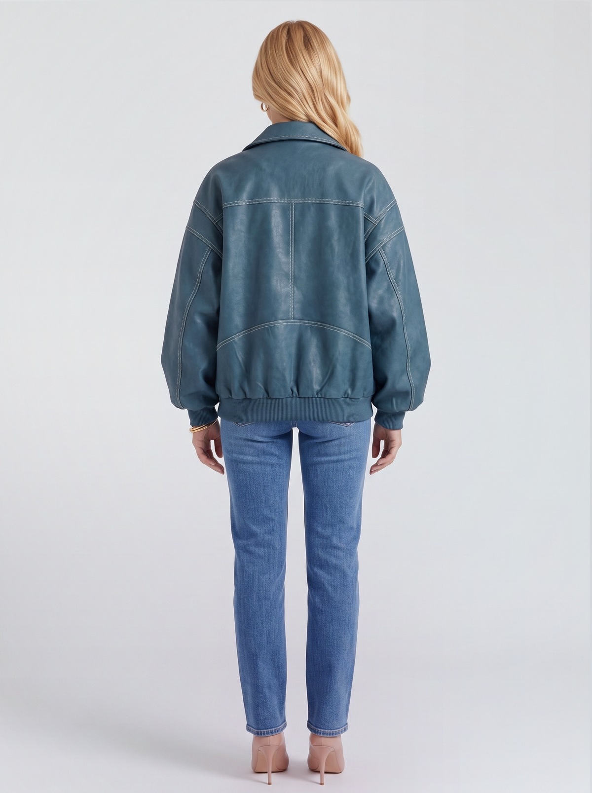 Women green oversized leather look bomber jacket shown from the back