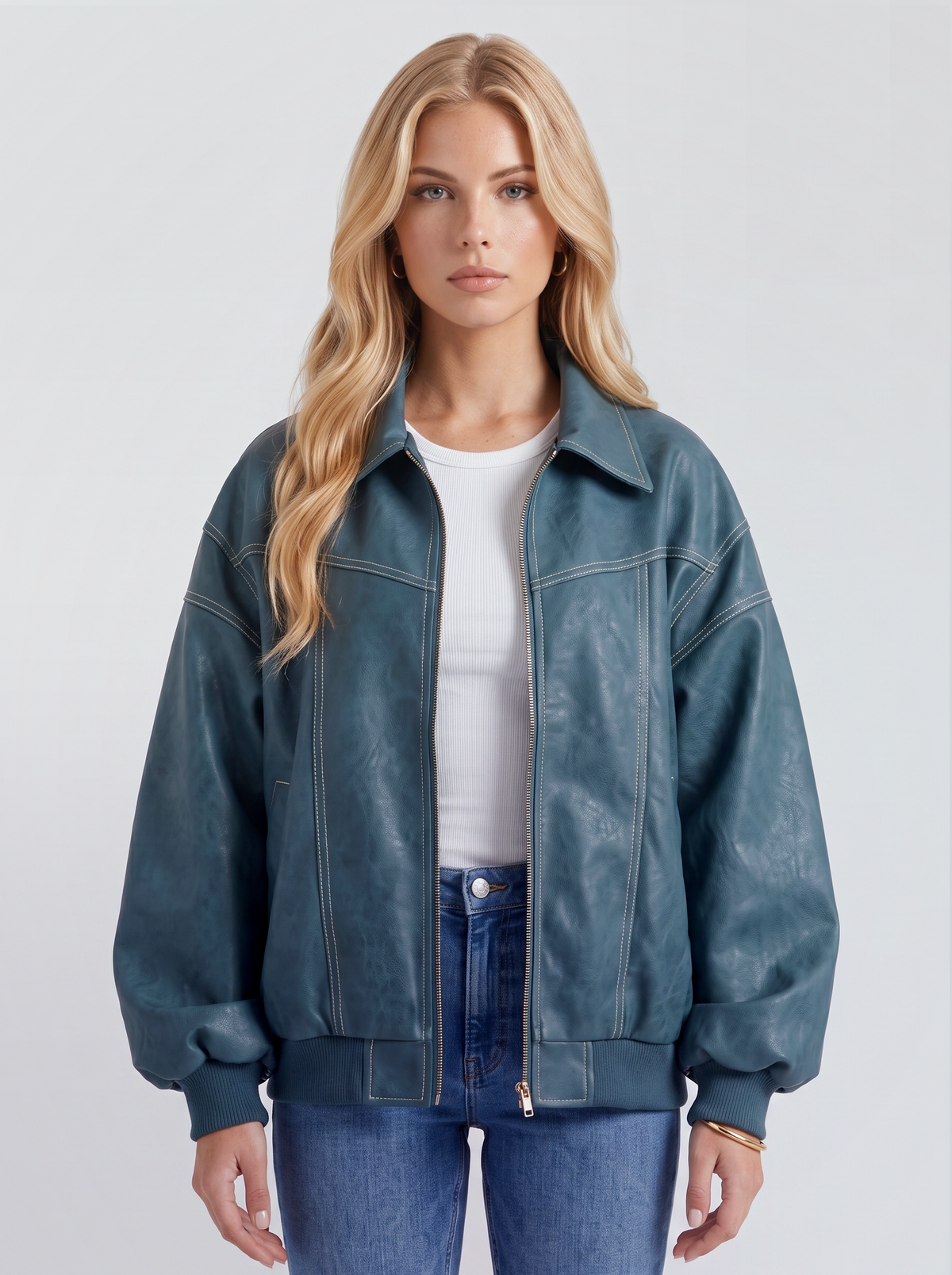 Women green oversized leather look bomber jacket with ribbed hem and cuffs