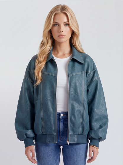 Women green oversized leather look bomber jacket with ribbed hem and cuffs