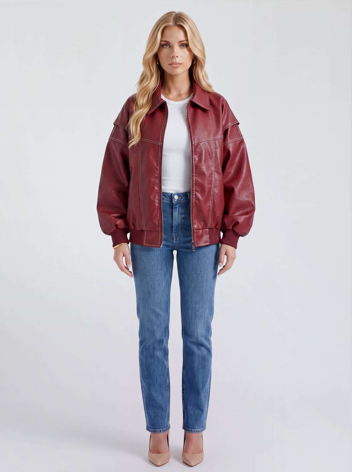 Women red oversized leather look bomber jacket with ribbed hem and cuffs