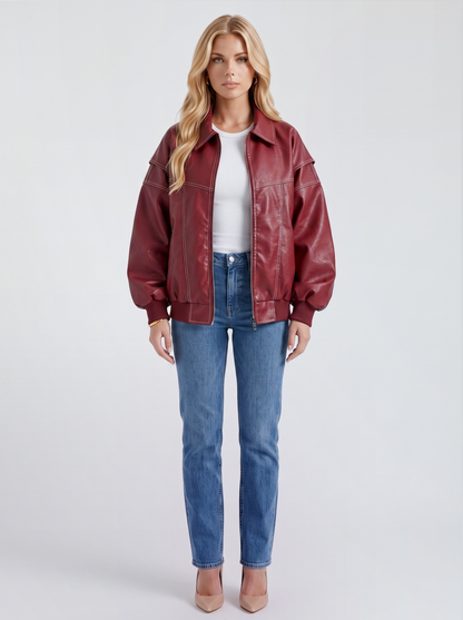Women red oversized leather look bomber jacket with ribbed hem and cuffs