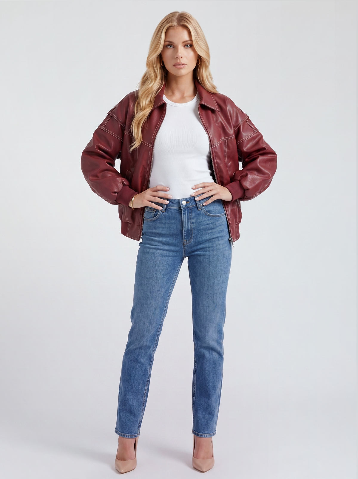 Women red oversized leather look bomber jacket with ribbed hem and cuffs