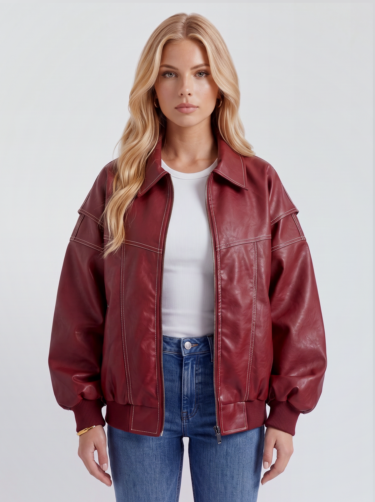 Women red oversized leather look bomber jacket with ribbed hem and cuffs