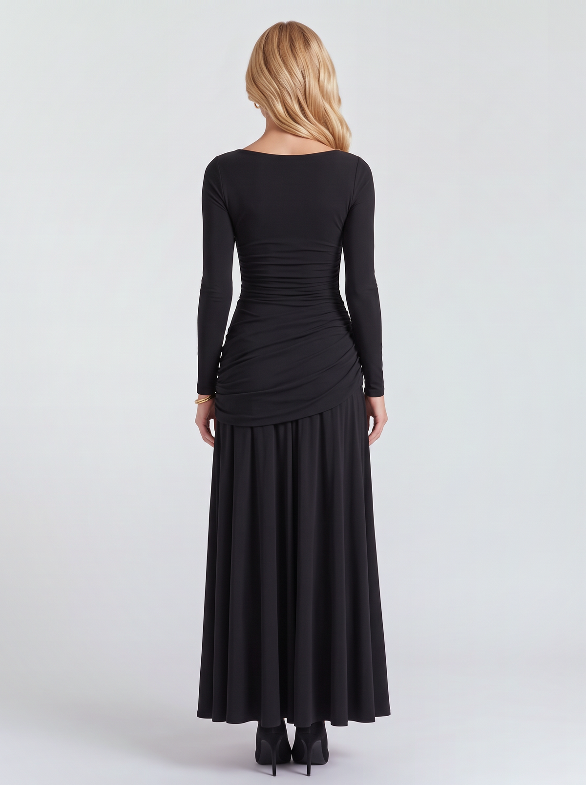 Women black long sleeve ruched maxi dress with a wide scoop back, back view