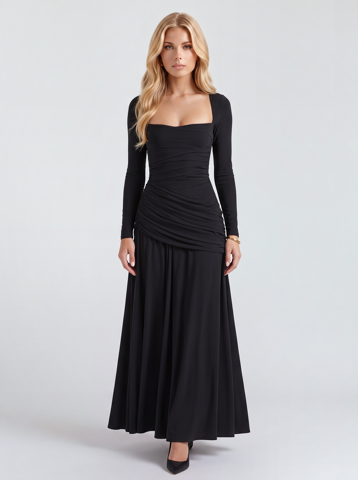 Women black long sleeve ruched maxi dress with a square neckline and a draped hip, front view
