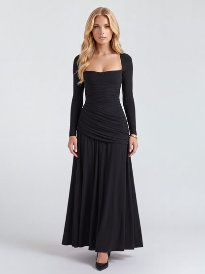 Women black long sleeve ruched maxi dress with a square neckline and a draped hip, front view