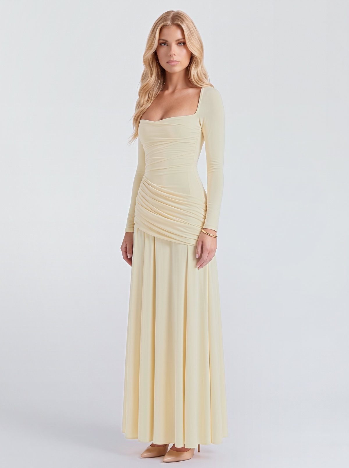 Women cream long sleeve ruched maxi dress with a draped hip and a flowing skirt, three quarter view