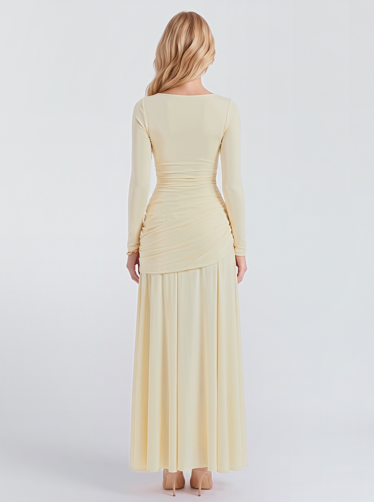 Women cream long sleeve ruched maxi dress with a wide scoop back, back view