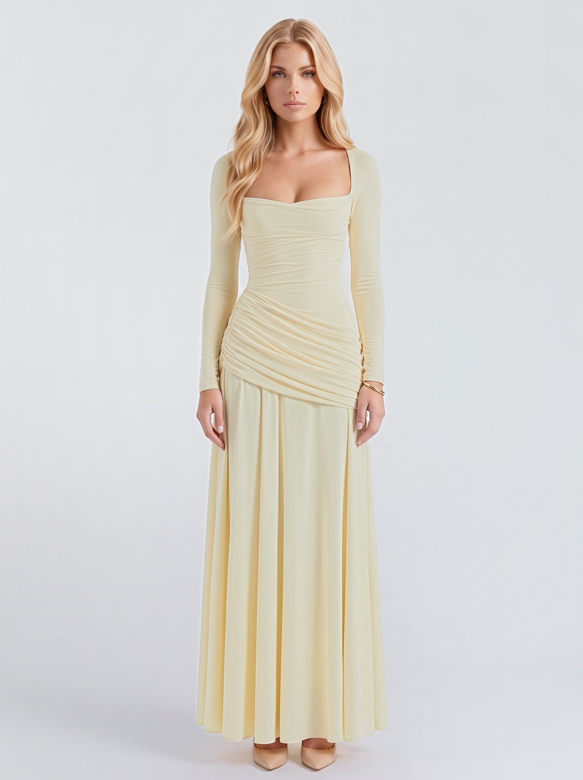 Women cream long sleeve ruched maxi dress with a square neckline and a draped hip, front view