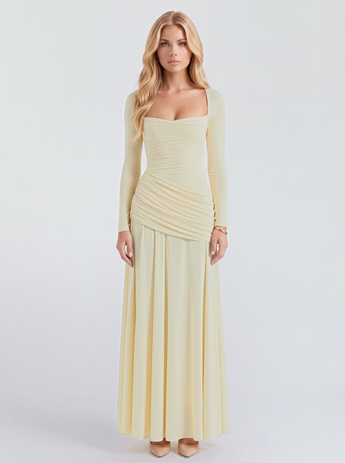 Women cream long sleeve ruched maxi dress with a square neckline and a draped hip, front view
