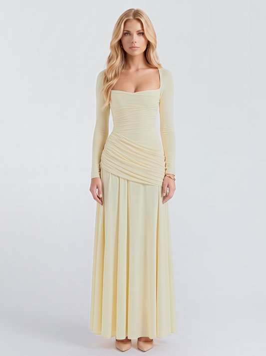 Women cream long sleeve ruched maxi dress with a square neckline and a draped hip, front view