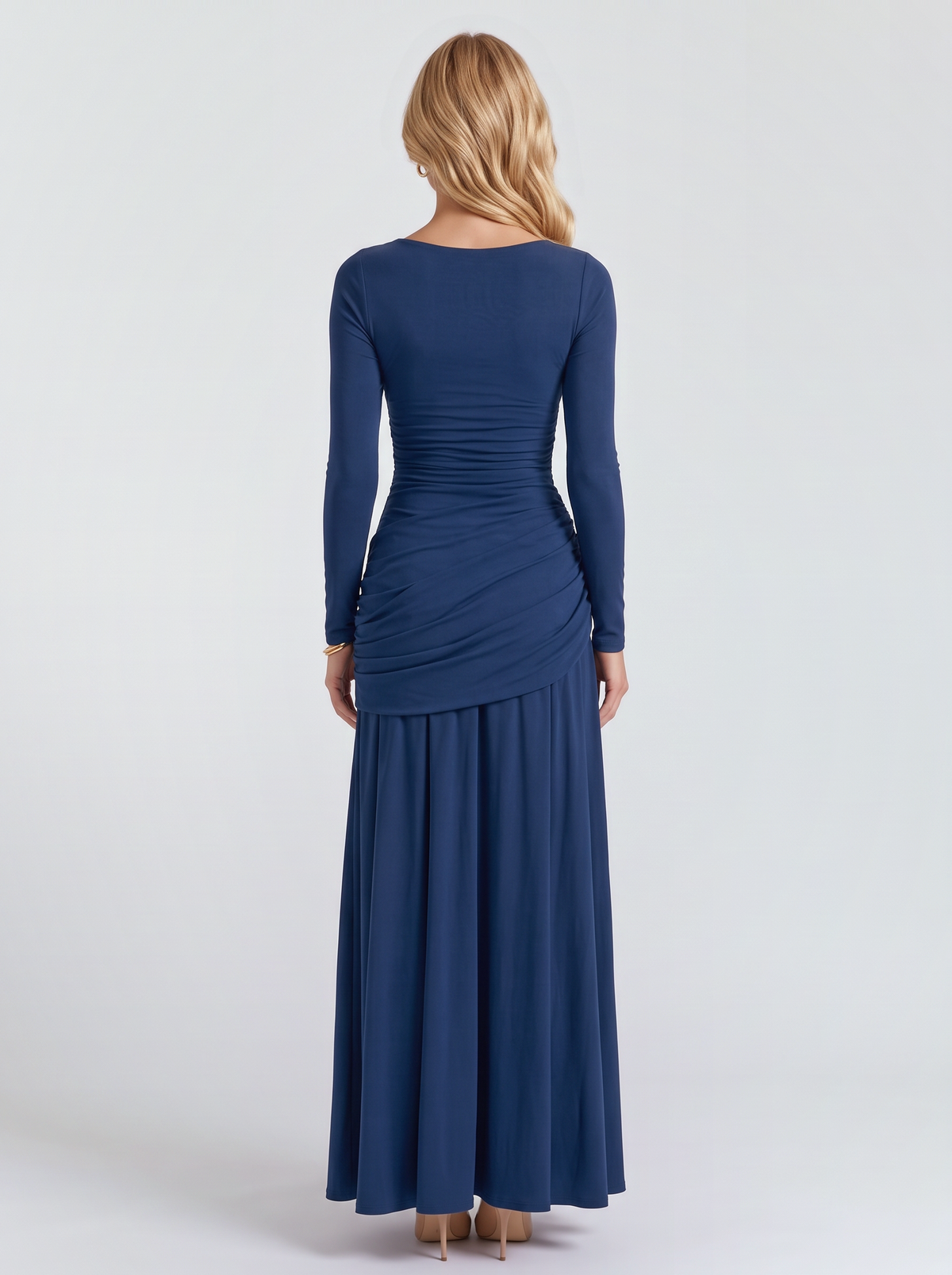 Women navy long sleeve ruched maxi dress with a wide scoop back, back view