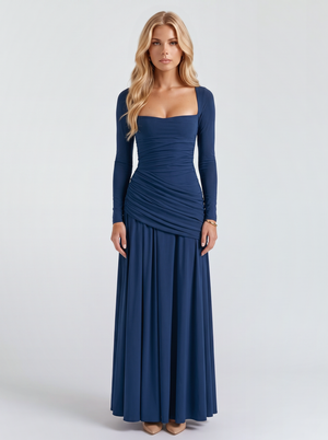 Women navy long sleeve ruched maxi dress with a square neckline and a draped hip, front view