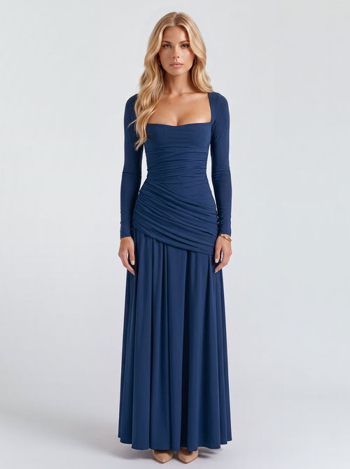 Women navy long sleeve ruched maxi dress with a square neckline and a draped hip, front view