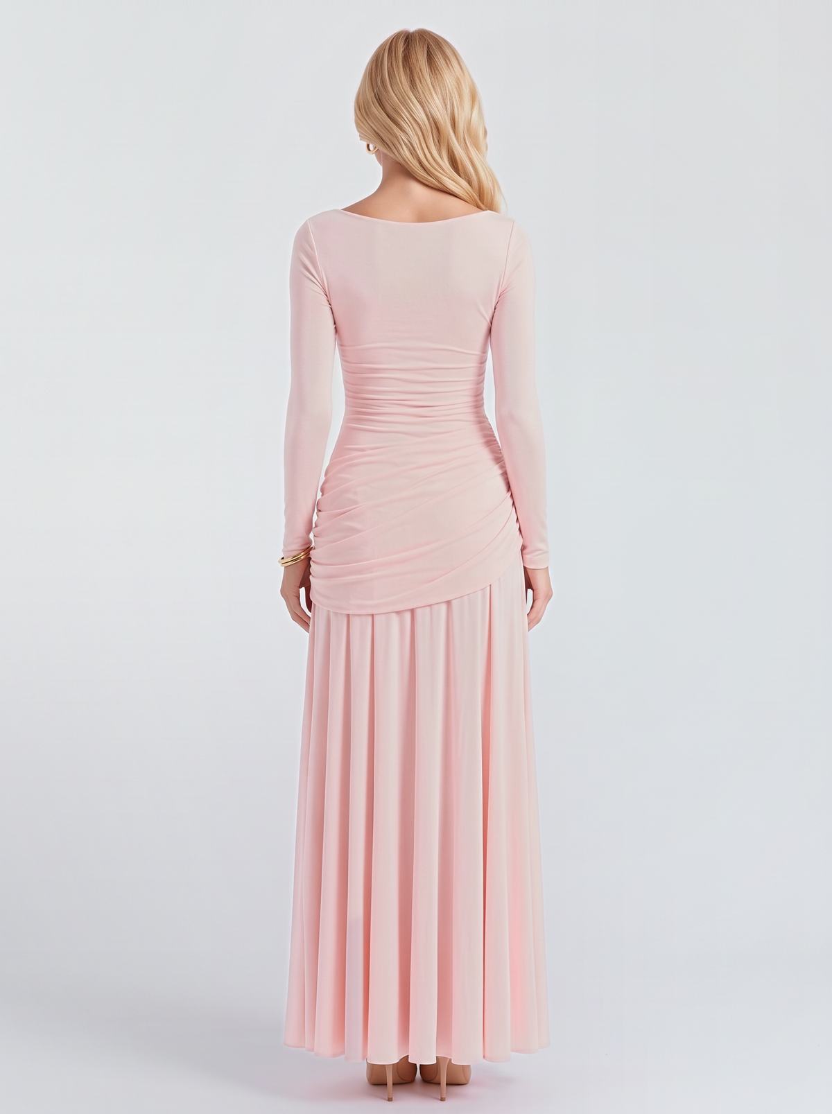 Women pink long sleeve ruched maxi dress with a wide scoop back, back view