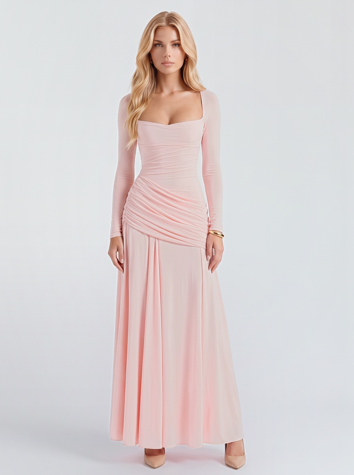 Women pink long sleeve ruched maxi dress with a square neckline and a draped hip, front view