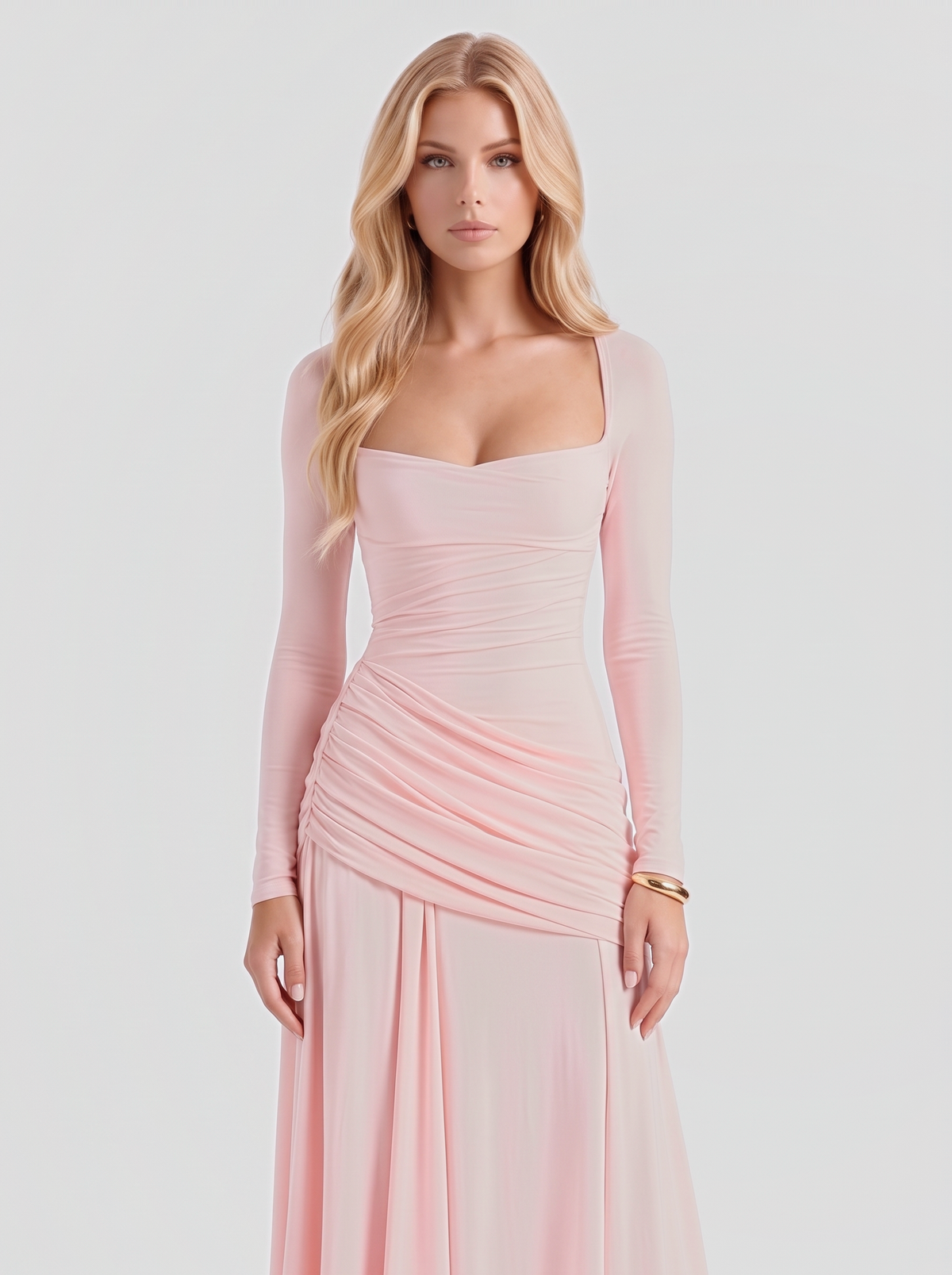 Women pink long sleeve ruched maxi dress with a square neckline, knees up view