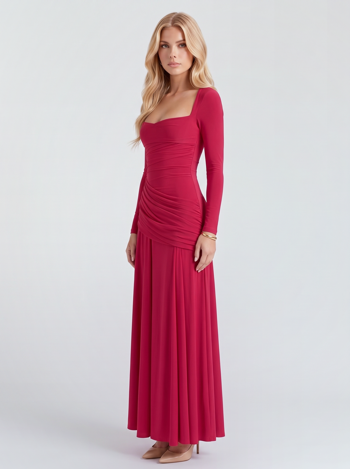 Women red long sleeve ruched maxi dress with a draped hip and a flowing skirt, three quarter view
