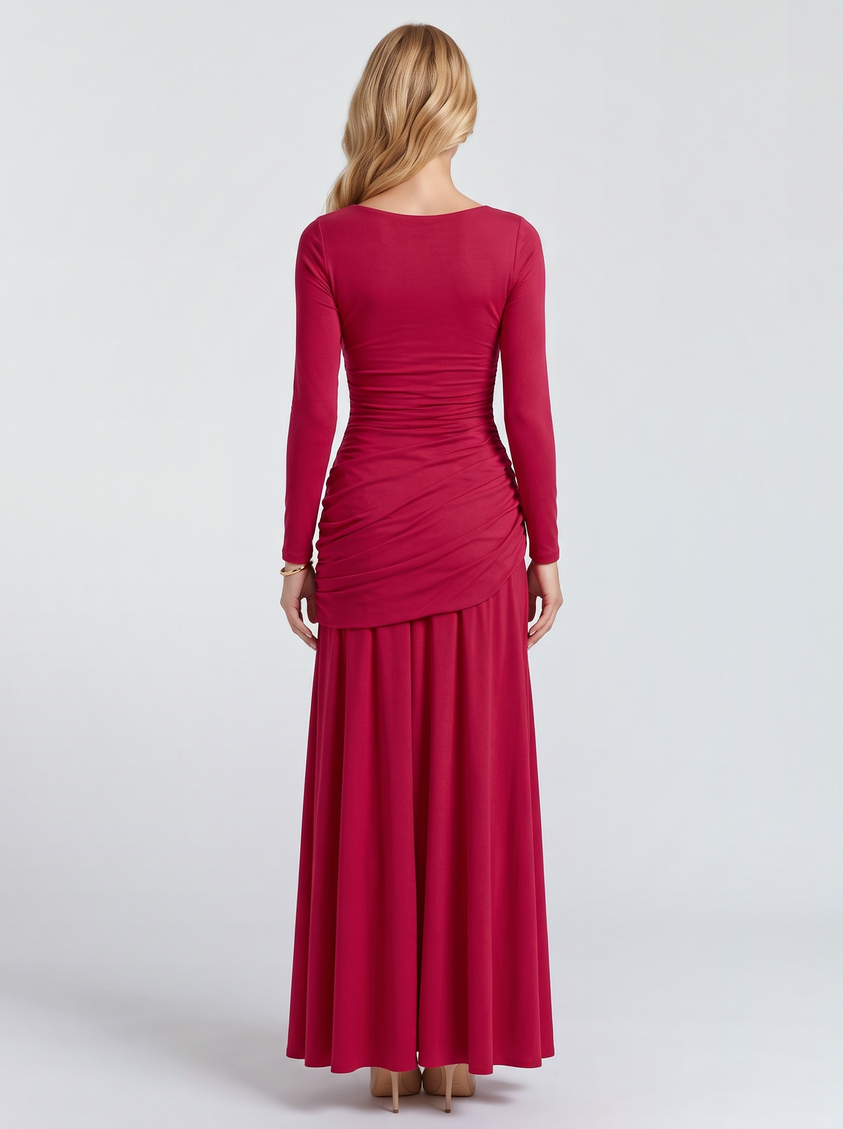 Women red long sleeve ruched maxi dress with a wide scoop back, back view