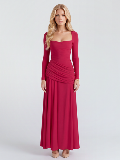 Women red long sleeve ruched maxi dress with a square neckline and a draped hip, front view