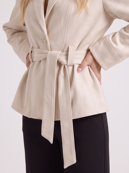 Women beige jacket with shawl collar and wrap front