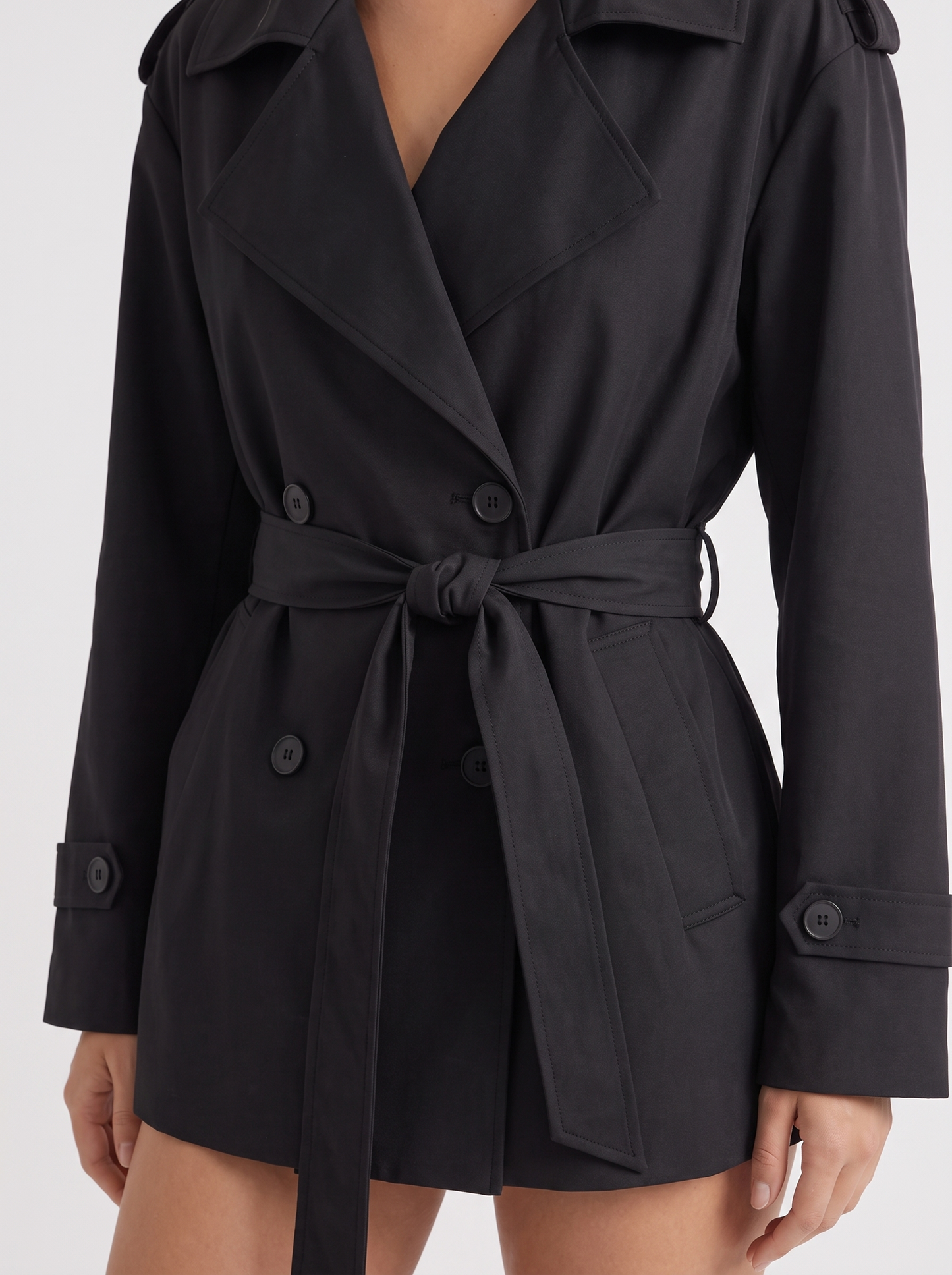 Una Belted Trench in Black - coat front view