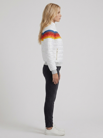 Women white jacket with sherpa lined hood and striped chest panel