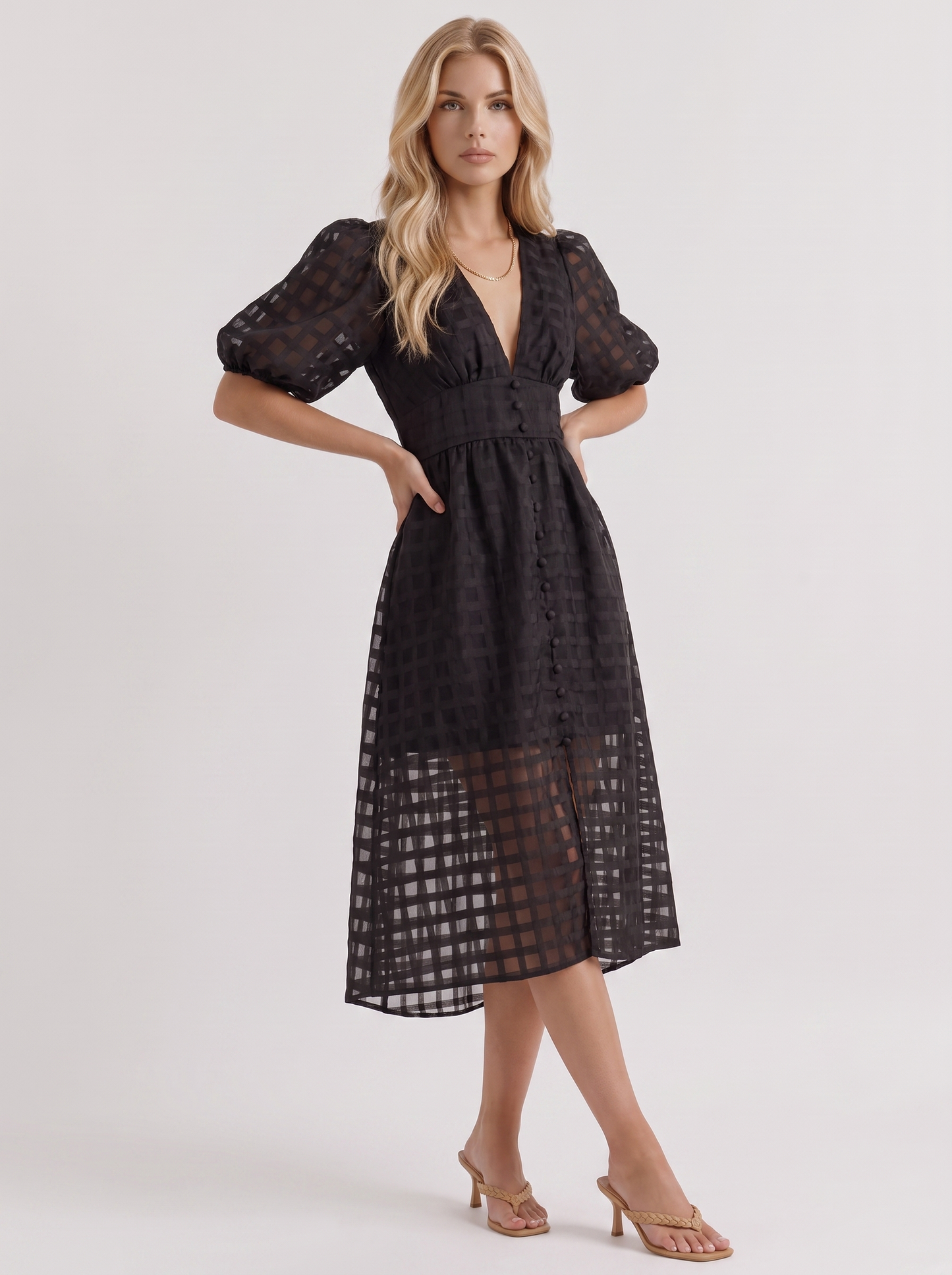 Colette Windowpane Midi Dress in Black - midi dress front view