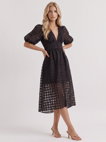 Colette Windowpane Midi Dress in Black - midi dress front view