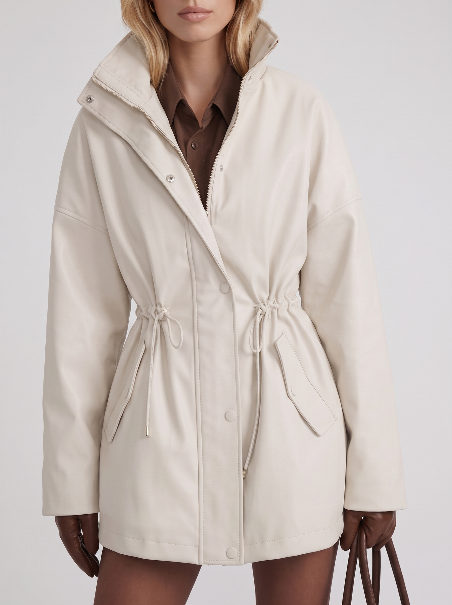 Women off white jacket with stand collar and zip and snap front