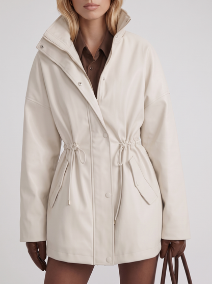Women off white jacket with stand collar and zip and snap front