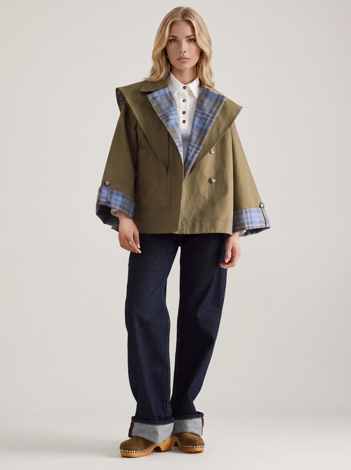 Cecily Cape Jacket in Olive - jacket front view
