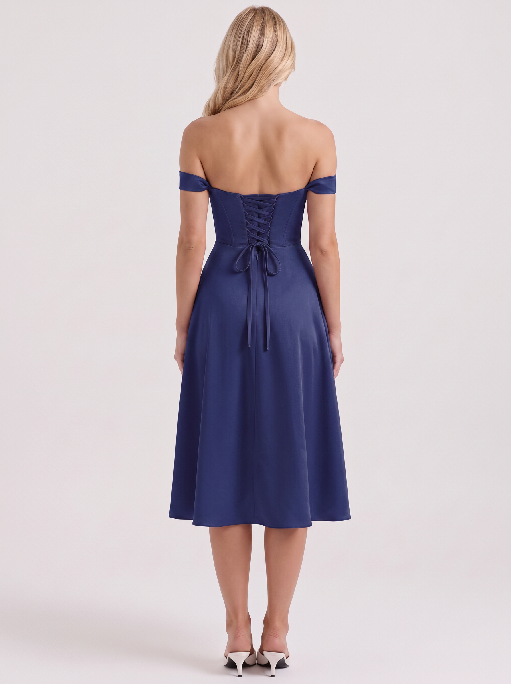Women blue midi dress with off shoulder neckline and corset bodice