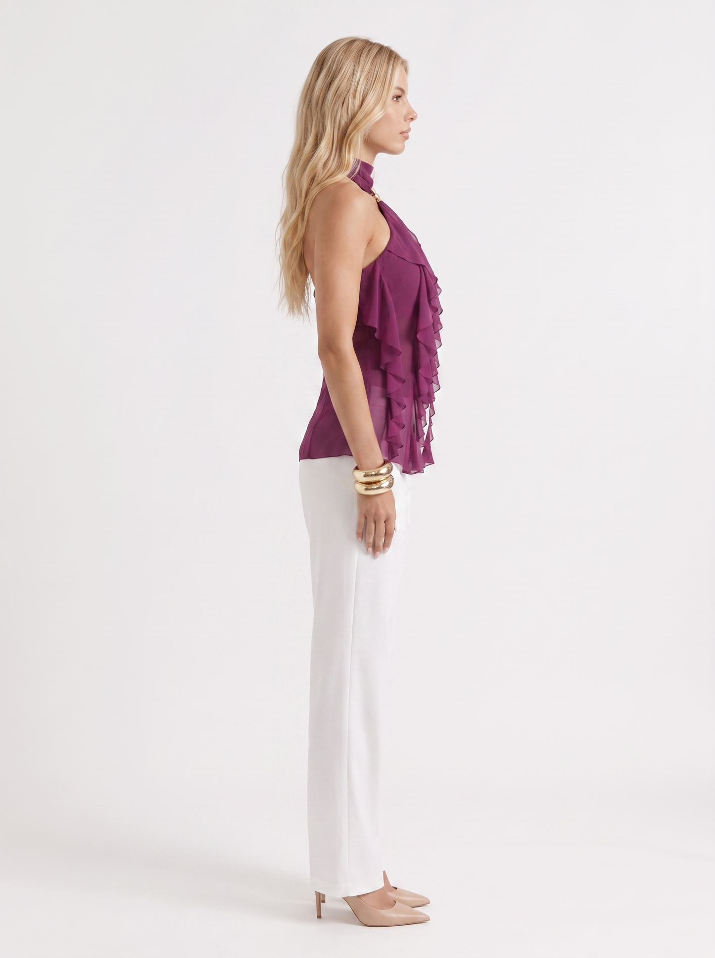 Romy Ruffle Top in Purple - top front view