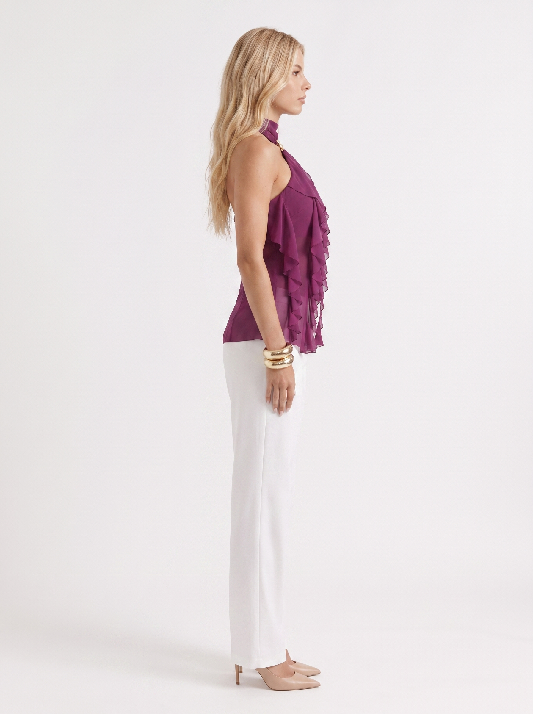 Romy Ruffle Top in Purple - top front view