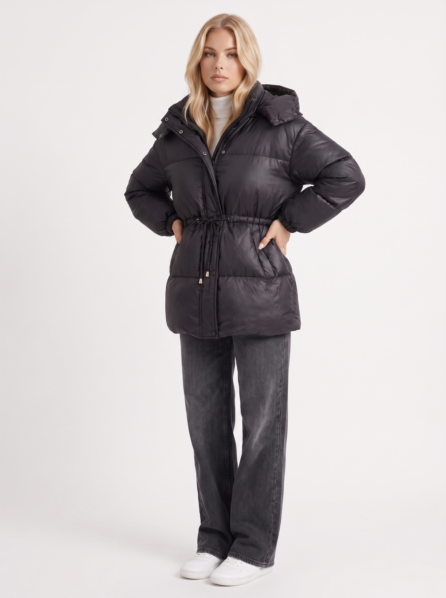 Women black jacket with hooded design and zip front closure