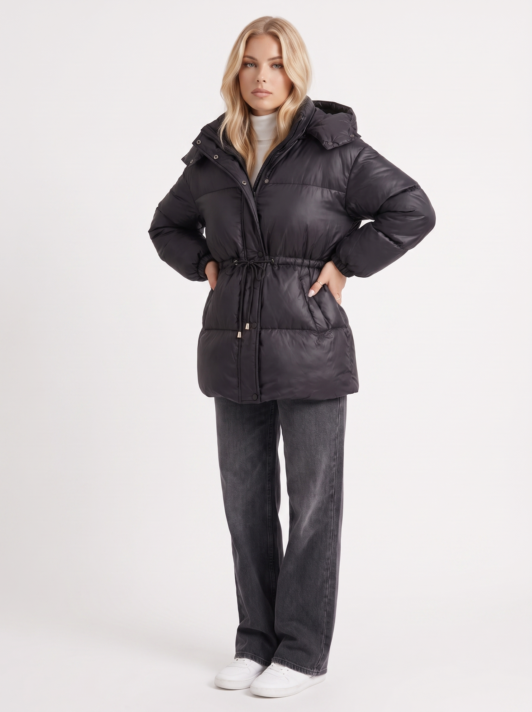 Women black jacket with hooded design and zip front closure