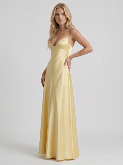 Women lemon satin V neck A line maxi dress, 45 degree angle