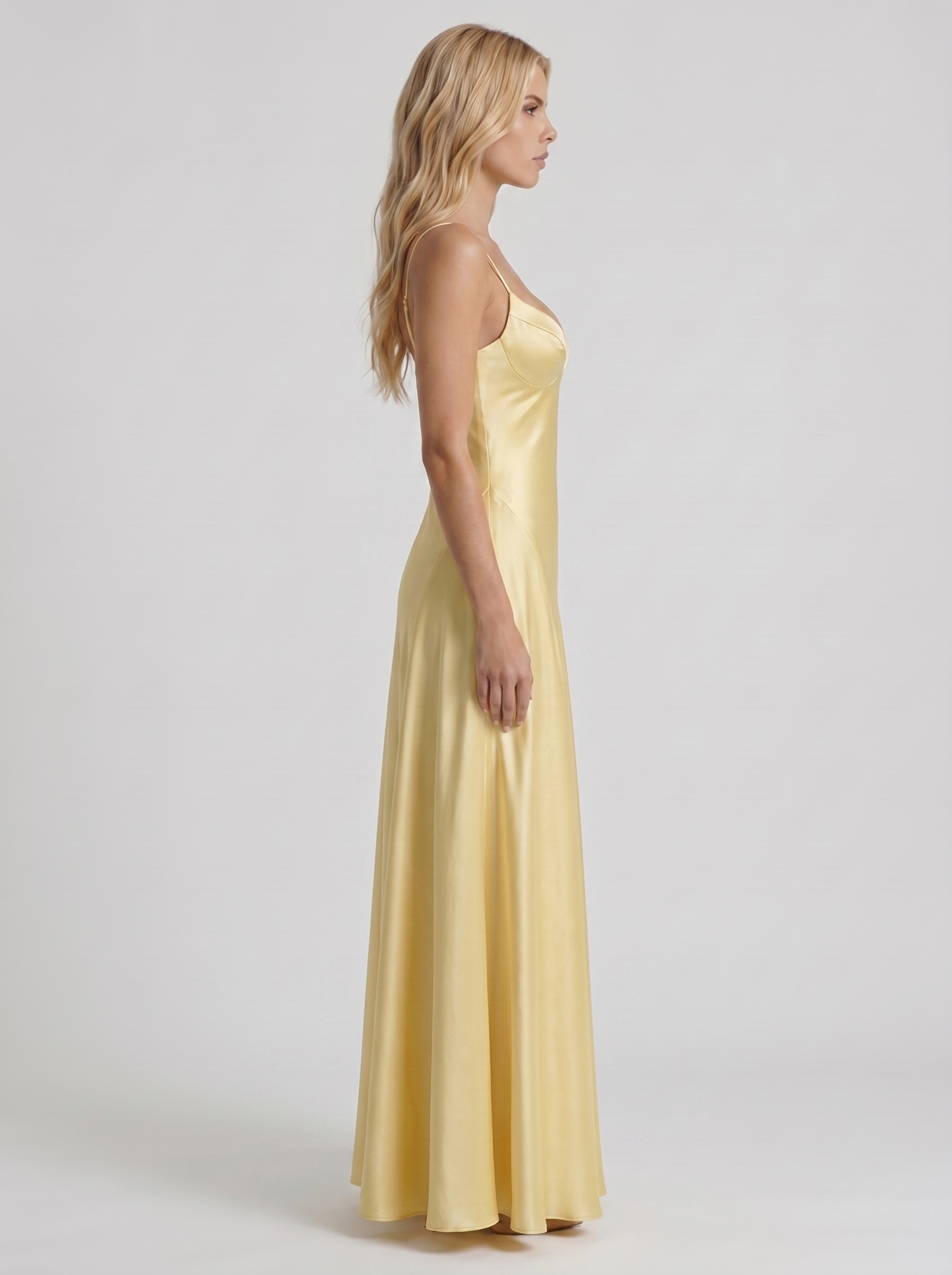 Women lemon satin V neck maxi dress with A line skirt, side profile