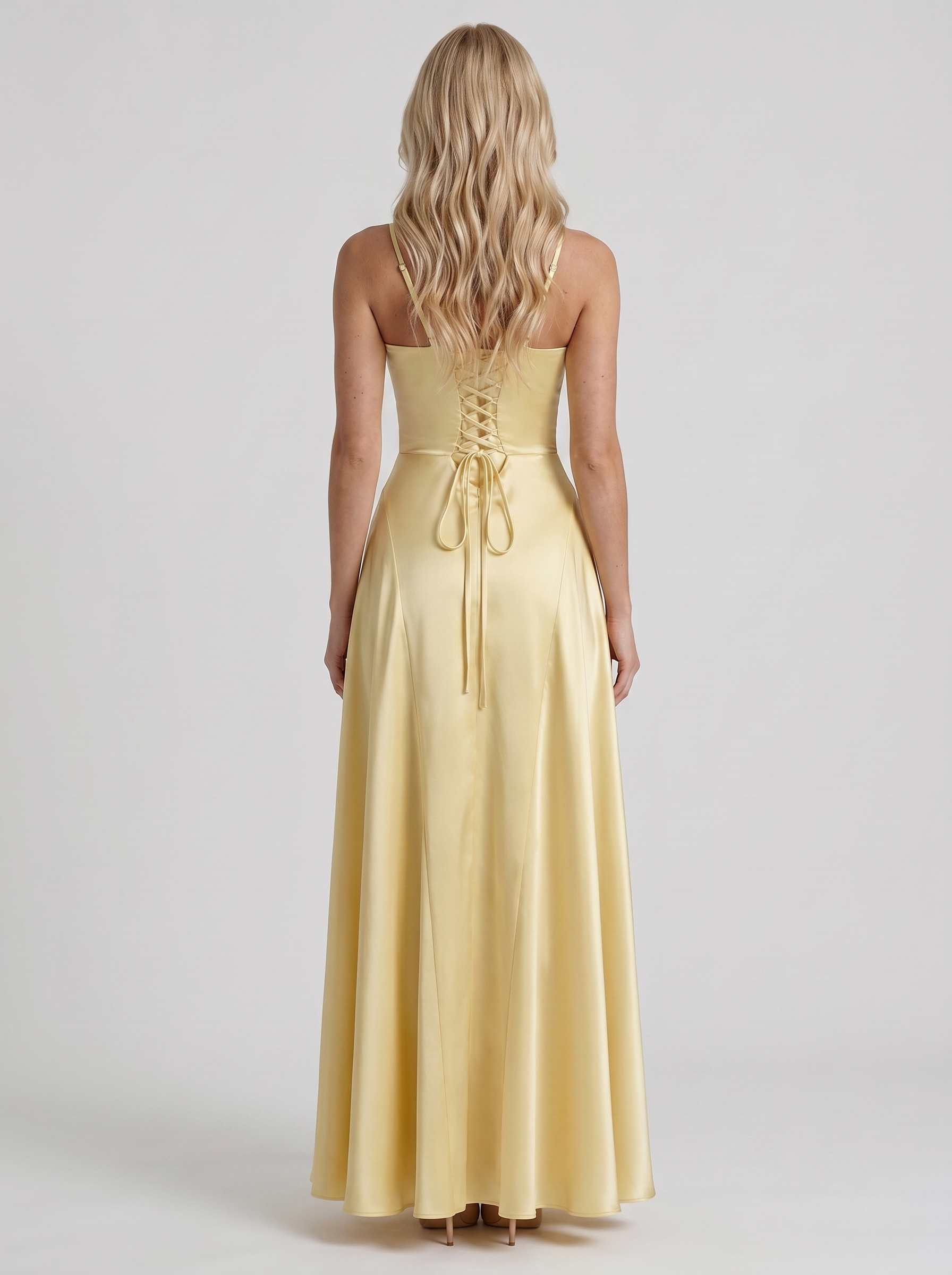 Women lemon satin V neck maxi dress with open back and spaghetti straps, back view