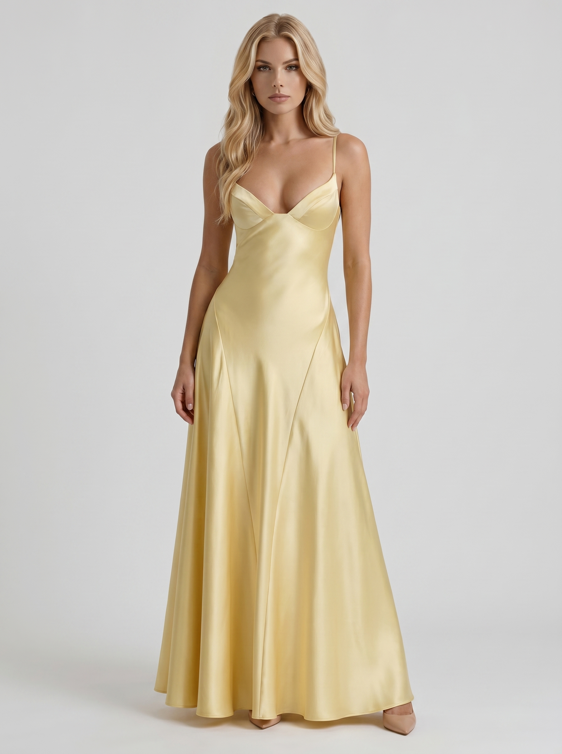 Women lemon satin V neck spaghetti strap A line maxi dress, front view