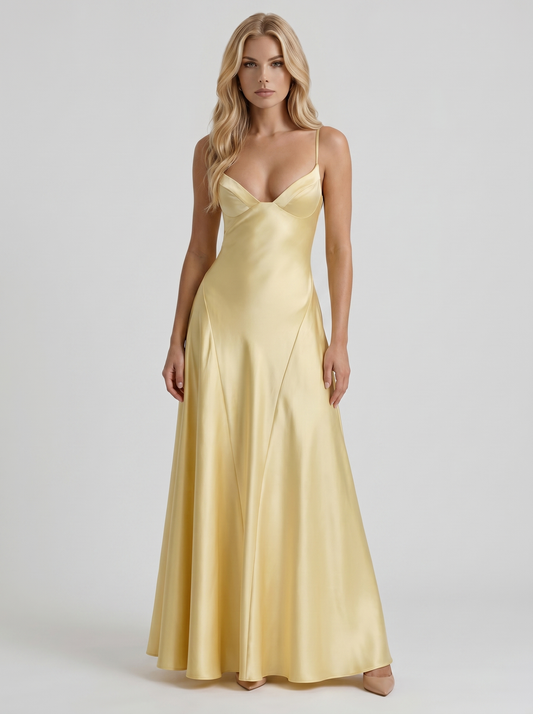 Adelaide V Neck Satin A Line Maxi Dress - Lemon