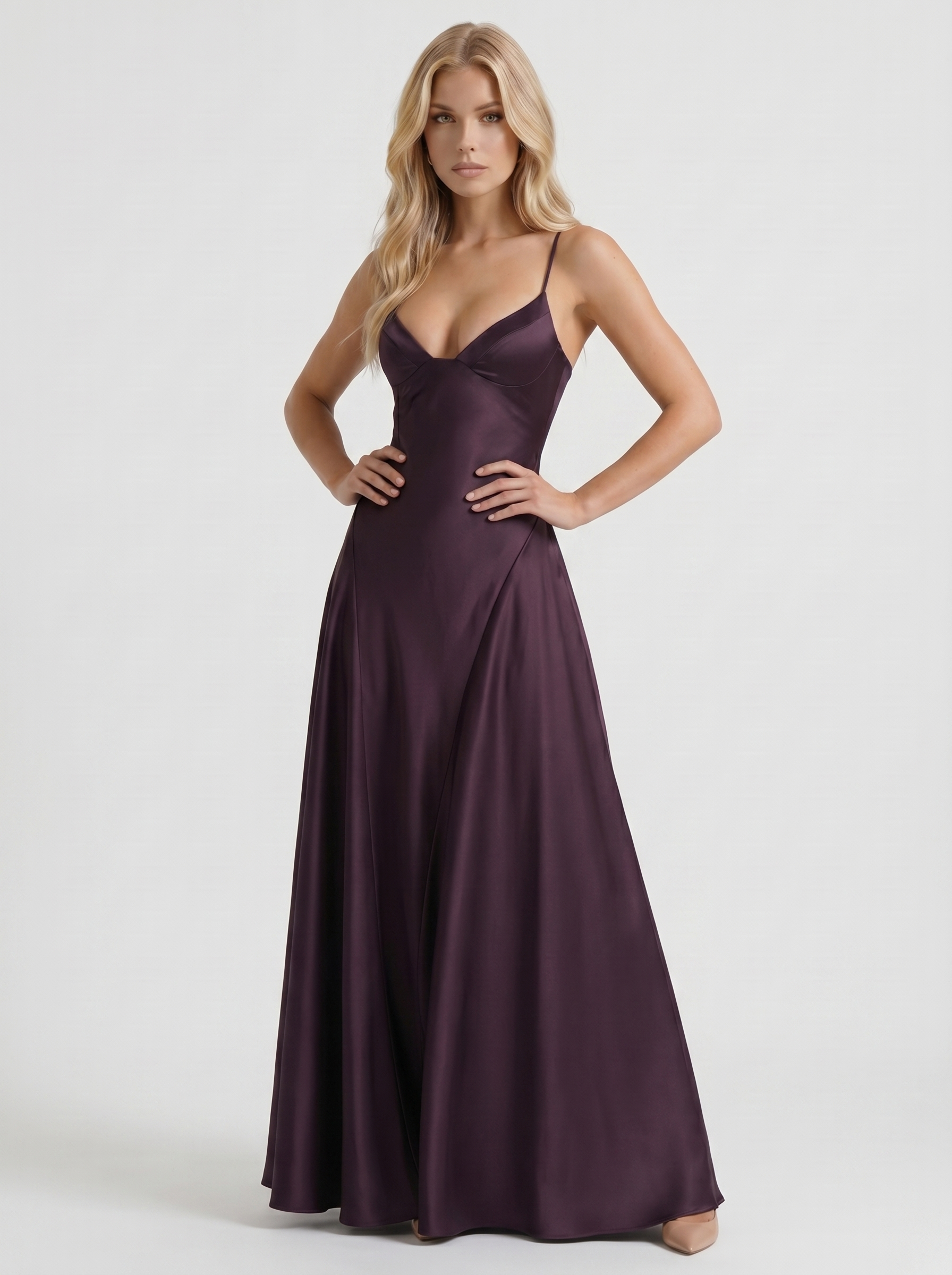 Women plum satin V neck A line maxi dress, 45 degree angle