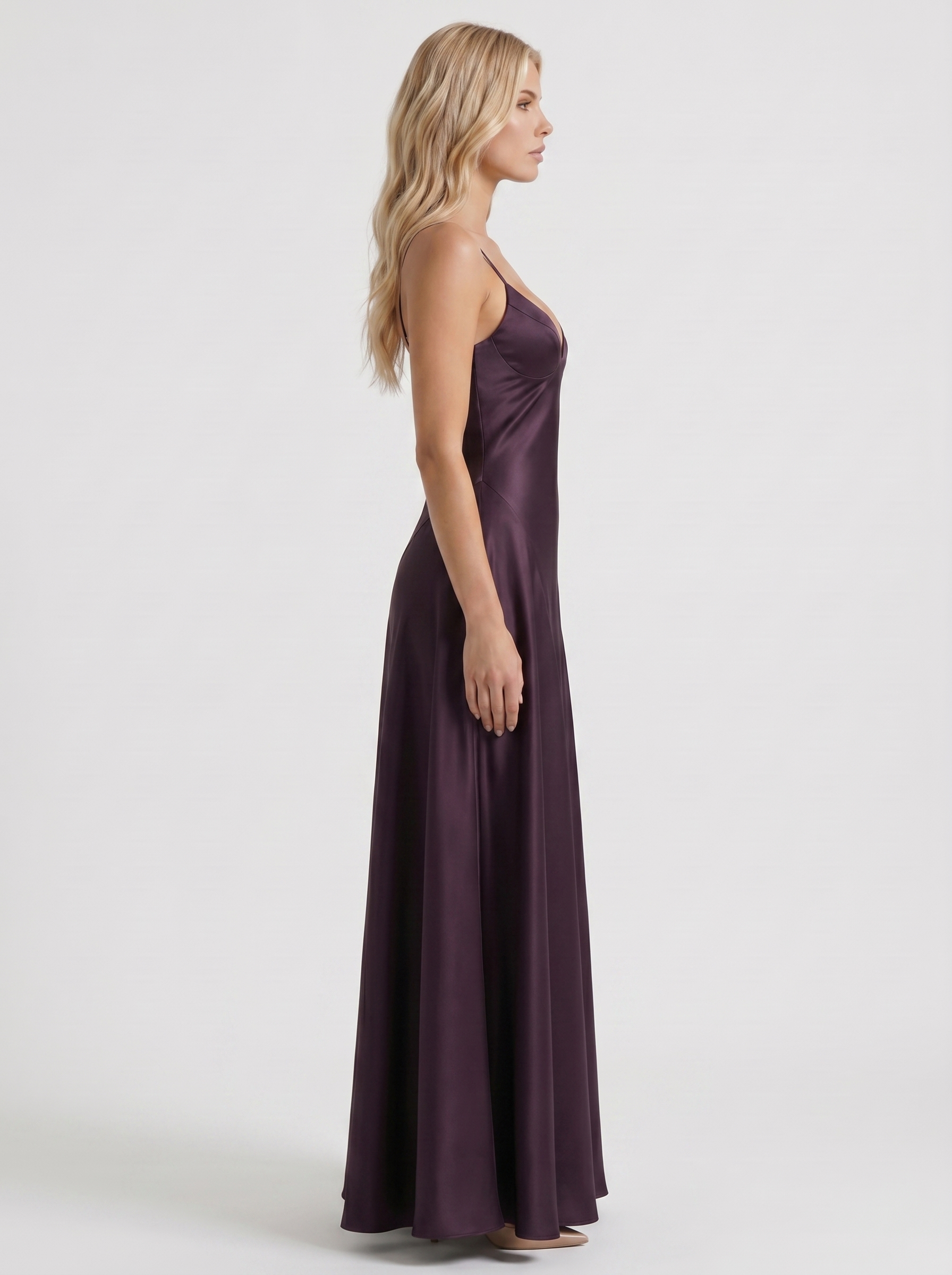 Women plum satin V neck maxi dress with A line skirt, side profile