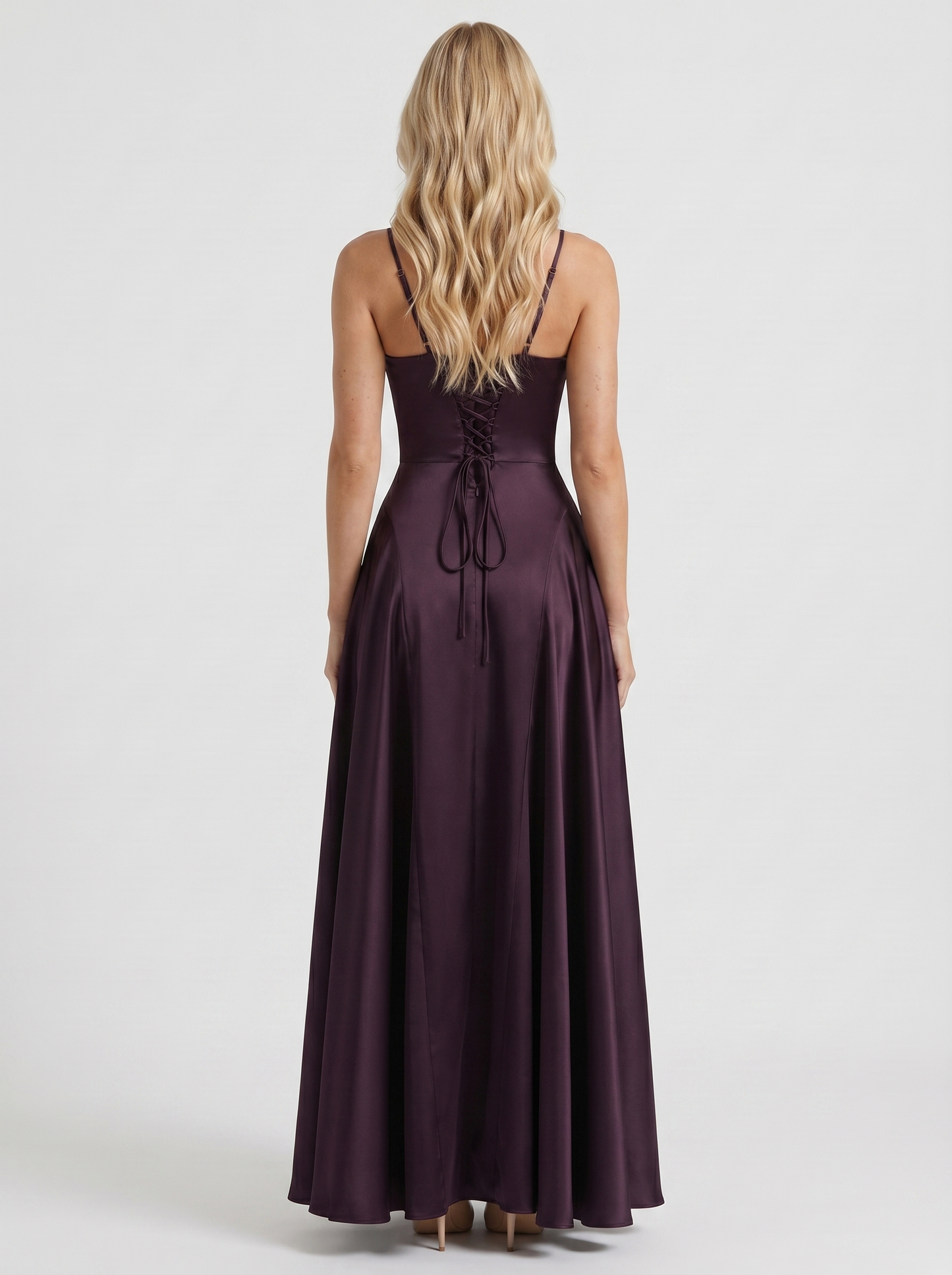 Women plum satin V neck maxi dress with open back and spaghetti straps, back view