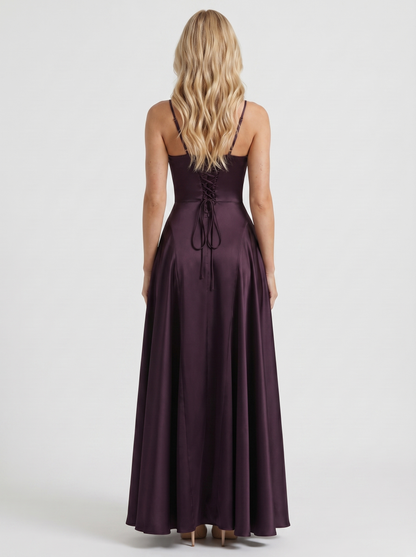 Women plum satin V neck maxi dress with open back and spaghetti straps, back view