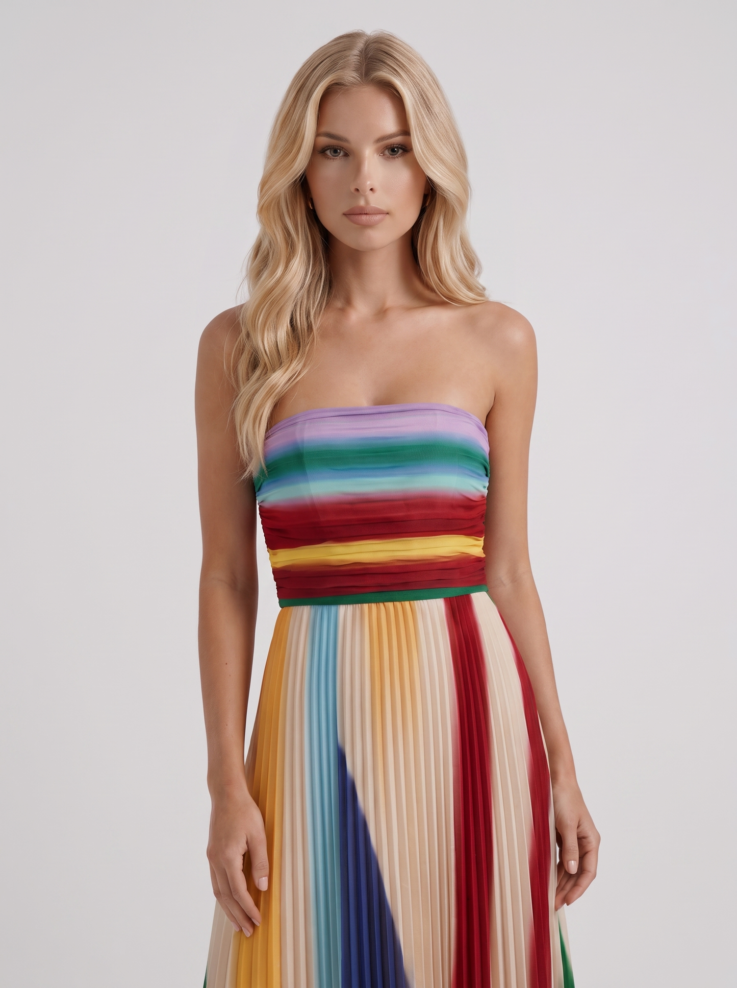 Women multicolor maxi dress with strapless neckline and ruched bodice