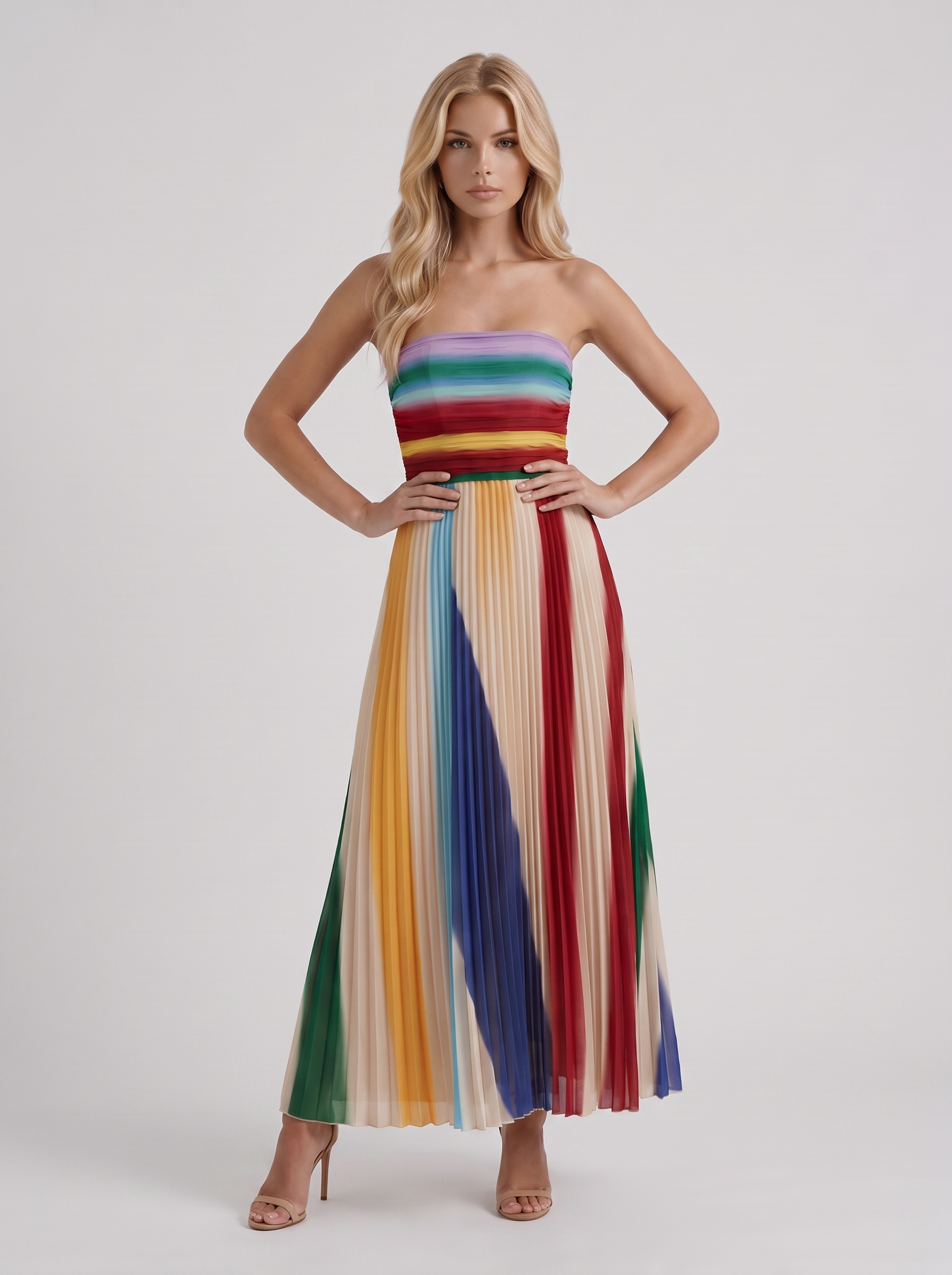 Women multicolor maxi dress with strapless neckline and ruched bodice