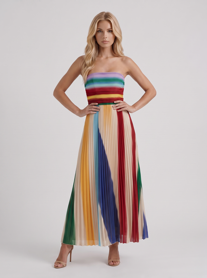 Women multicolor maxi dress with strapless neckline and ruched bodice
