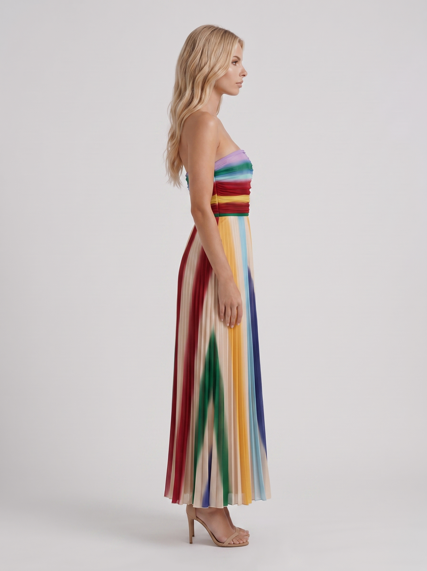 Women multicolor maxi dress with strapless neckline and ruched bodice